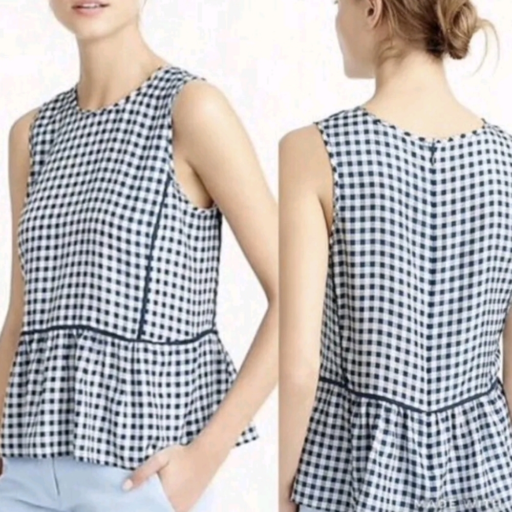 J Crew 100% Silk Gingham Peplum Blue White Ruffle Hem Sleeveless Blouse Size 00